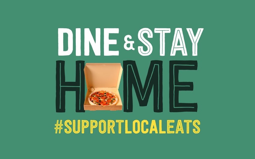 Dine and stay home logo with pizza box