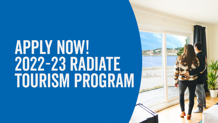 Blue background with wave pattern in corners. Image to the right shows a man and woman in a hotel room looking out over the ocean. Text reads Apply Now! 2022-23 RADIATE Tourism Program