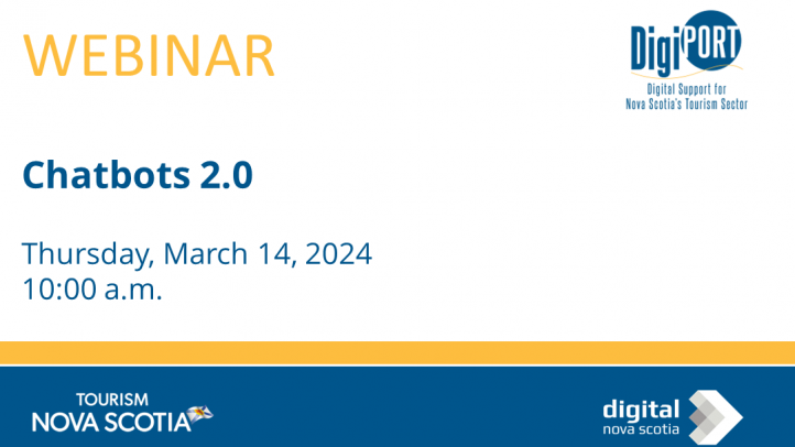 Slide image for a webinar about ChatBots 2.0 on March 14, 2024 at 10:00a.m.